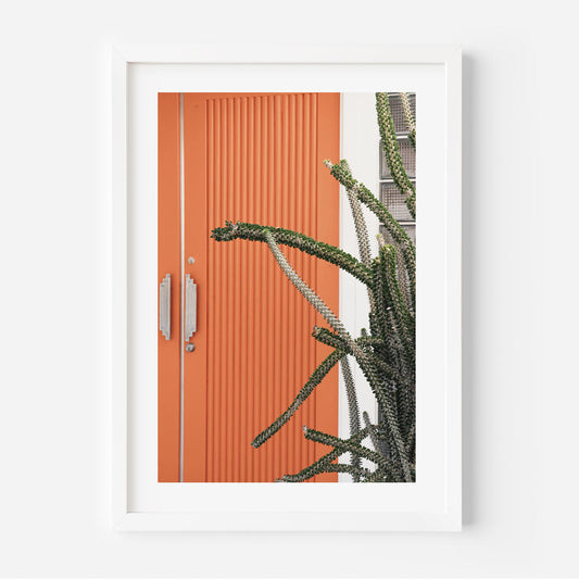 Vibrant Orange Door with Cactus – Modern Botanical Oil Painting for Home Decor