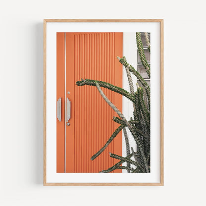 Vibrant Orange Door with Cactus – Modern Botanical Oil Painting for Home Decor