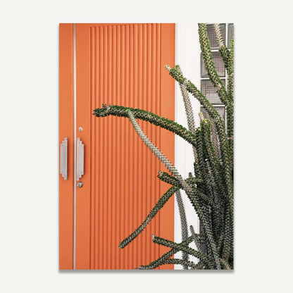 Vibrant Orange Door with Cactus – Modern Botanical Oil Painting for Home Decor