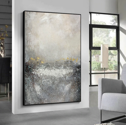 Contemporary Abstract Oil Painting in Soft Grays and Gold Accents