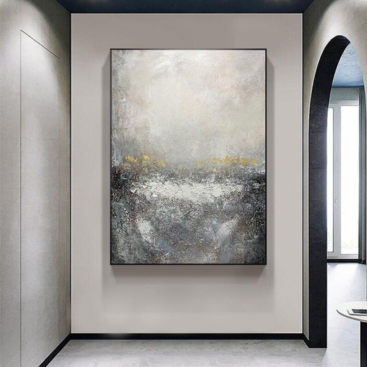 Contemporary Abstract Oil Painting in Soft Grays and Gold Accents