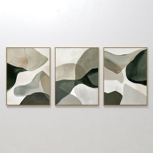 Abstract Organic Flow Art Set - Elegant Green and Neutral Tones