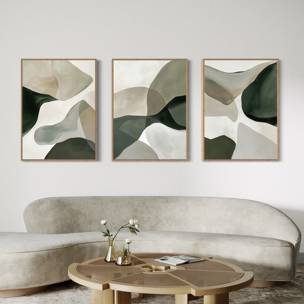 Abstract Organic Flow Art Set - Elegant Green and Neutral Tones