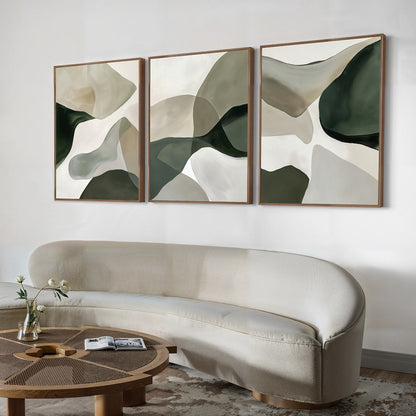 Abstract Organic Flow Art Set - Elegant Green and Neutral Tones