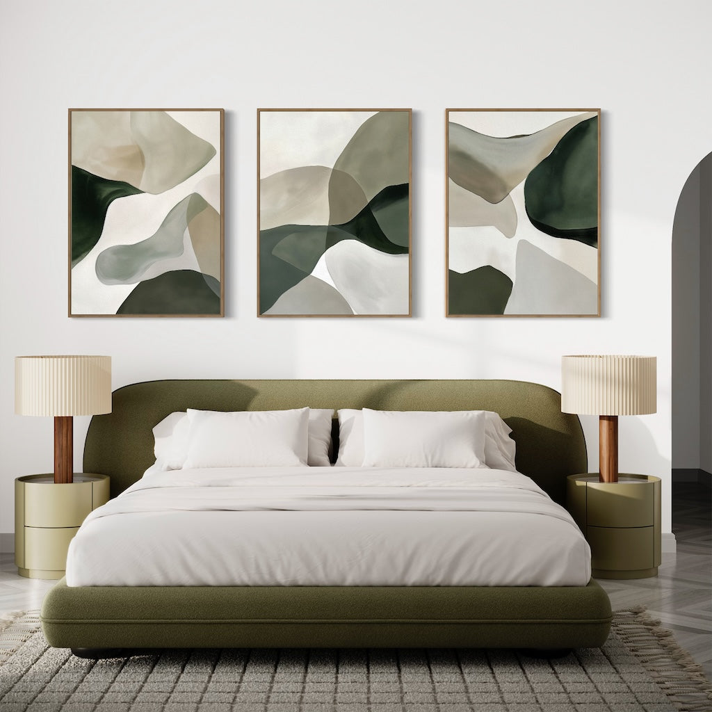 Abstract Organic Flow Art Set - Elegant Green and Neutral Tones