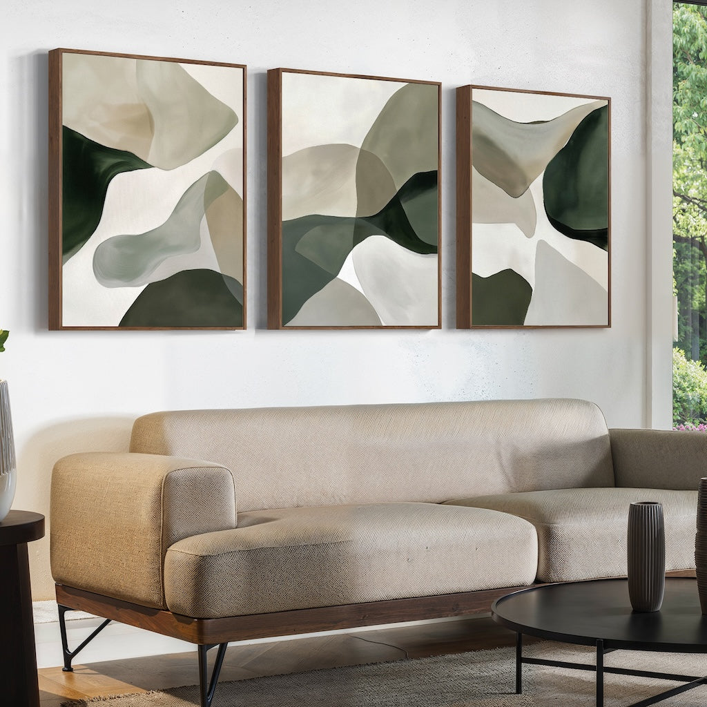 Abstract Organic Flow Art Set - Elegant Green and Neutral Tones