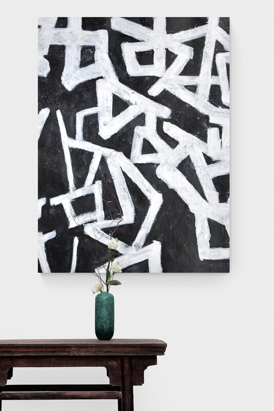 Abstract Black and White Geometric Oil Painting for Modern Home Decor