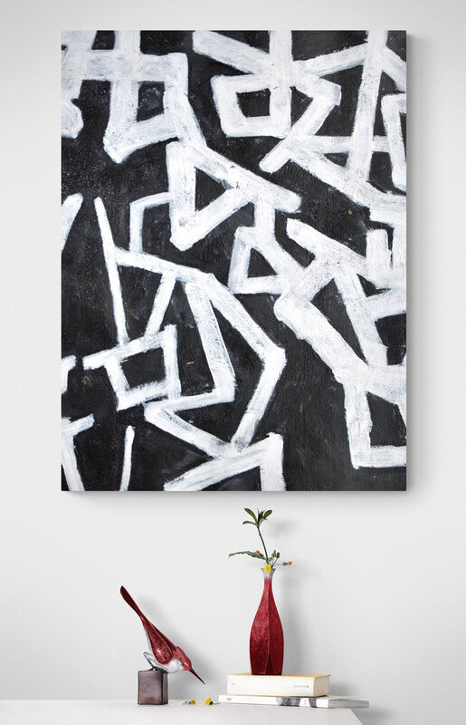 Abstract Black and White Geometric Oil Painting for Modern Home Decor