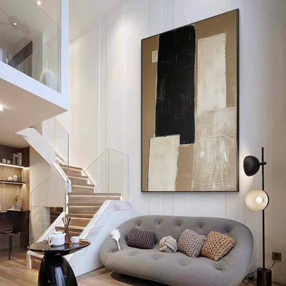 Elegant Minimalist Black and White Abstract Oil Painting for Modern Home Decor