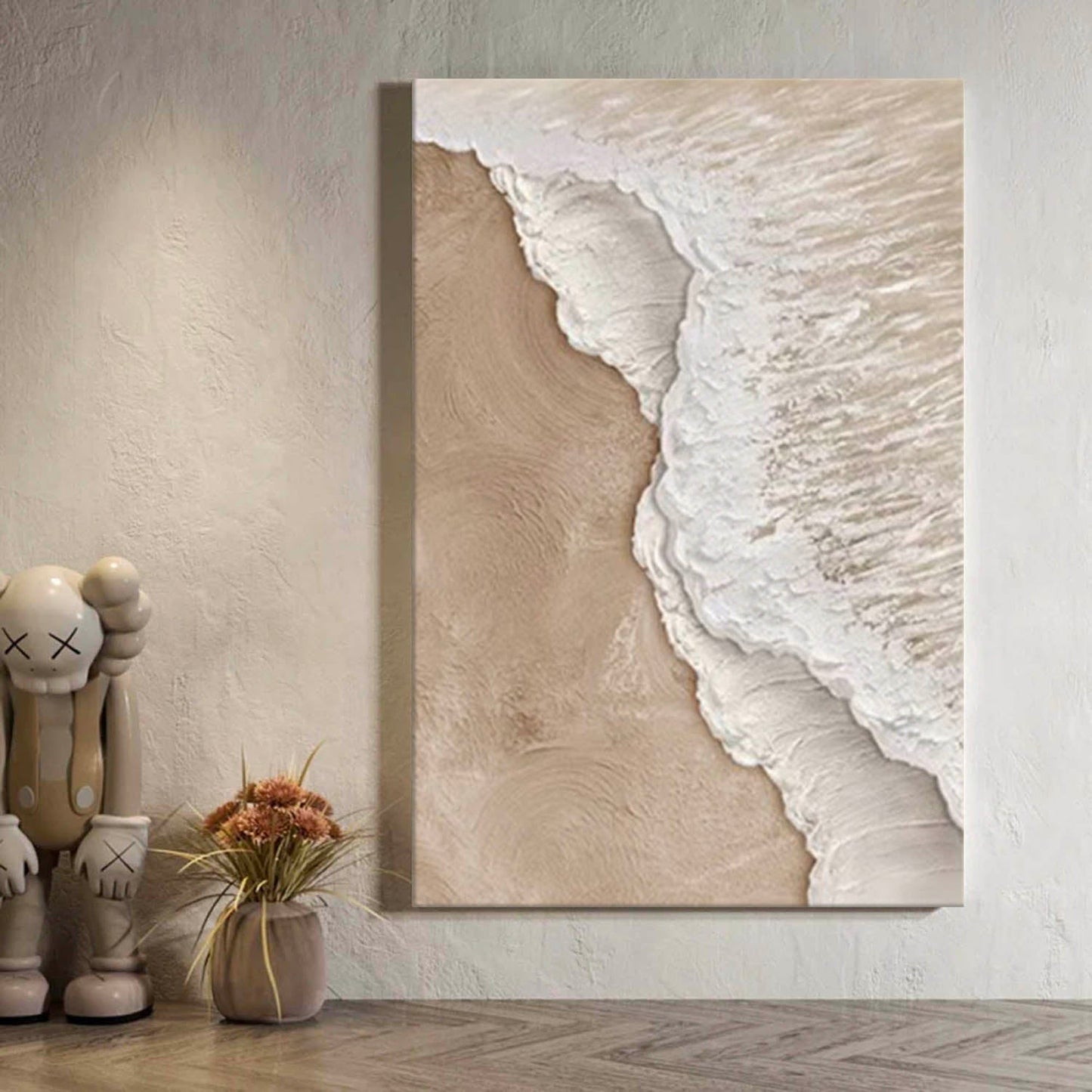 Contemporary Minimalist Beach Oil Painting with Ocean Waves and Soft Sand