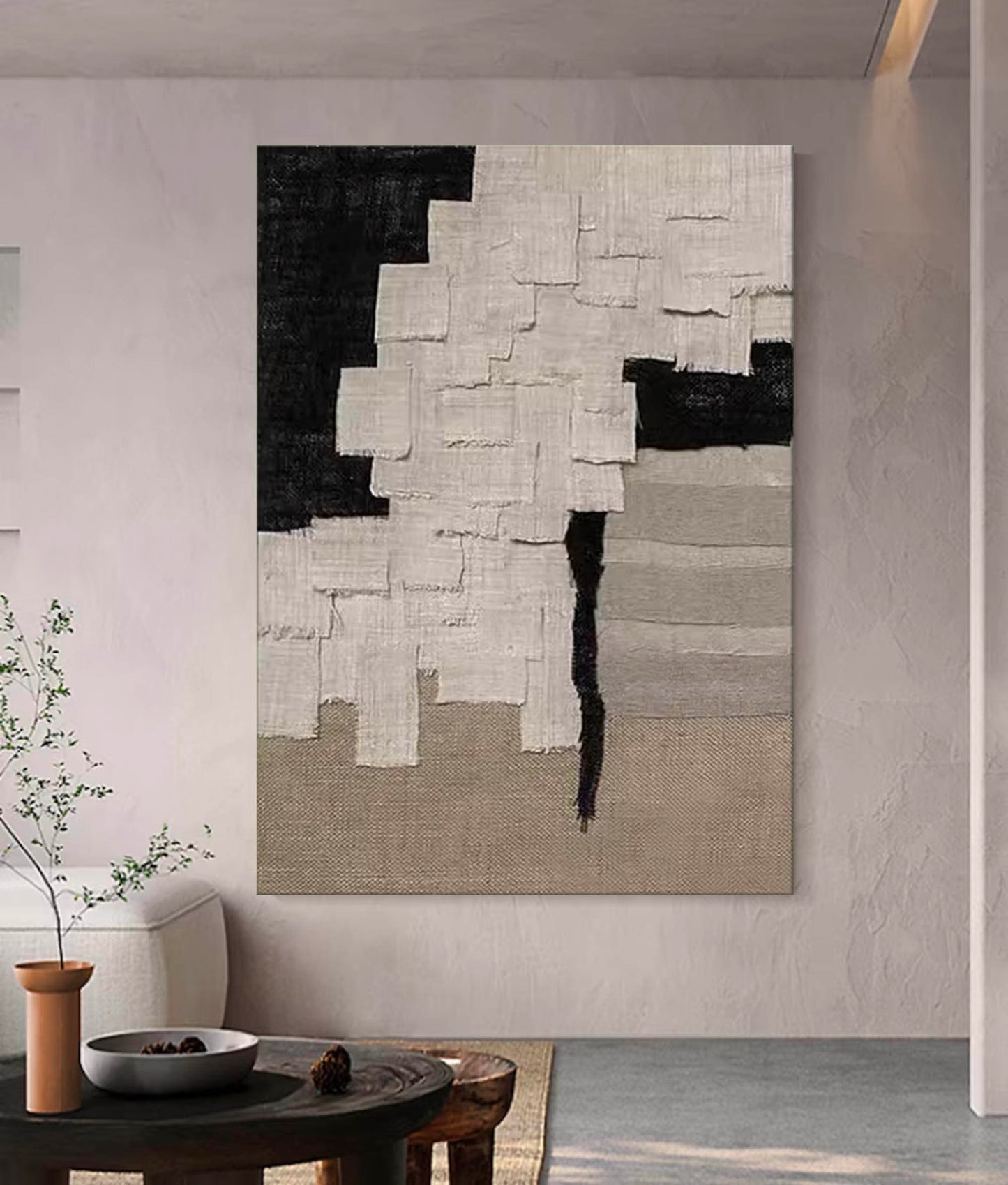 Contemporary Minimalist Abstract Oil Painting in Monochrome Tones for Modern Decor