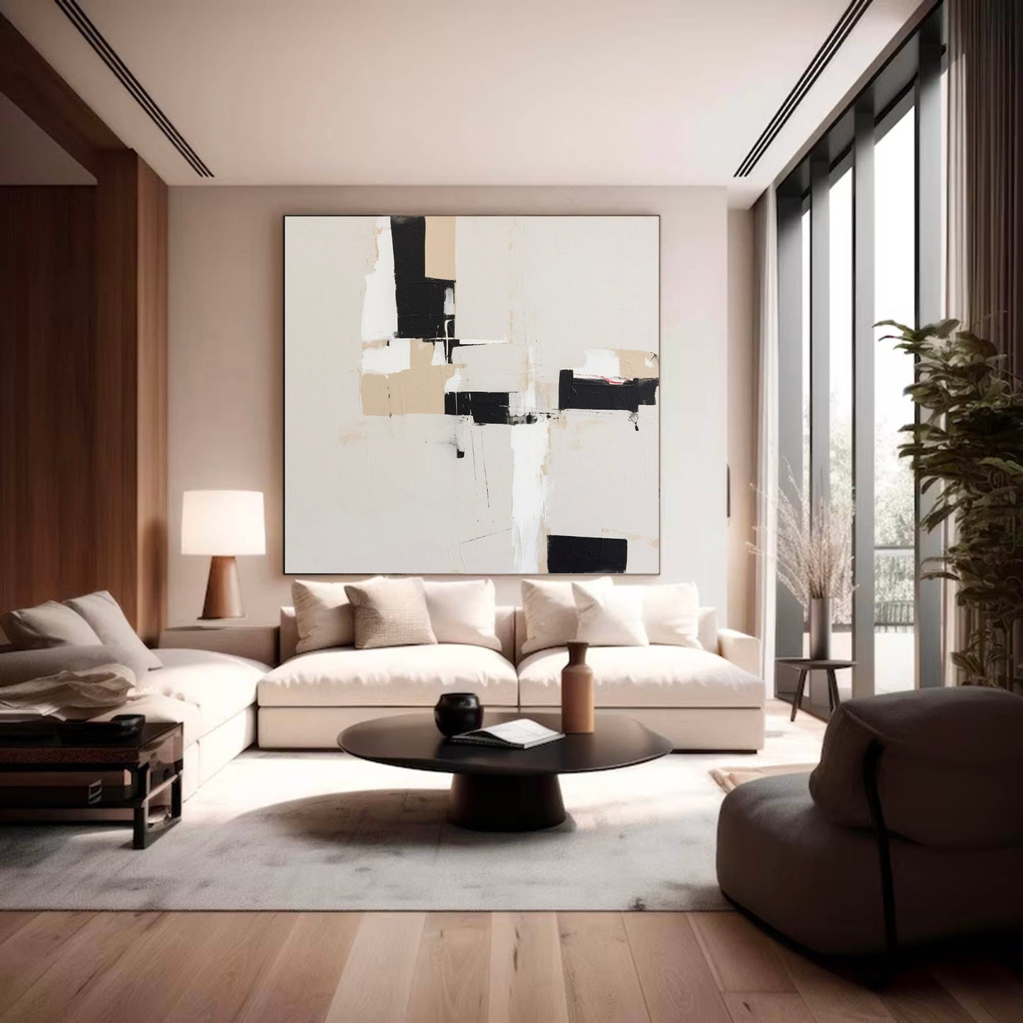 Contemporary Minimalist Black and White Abstract Oil Painting for Modern Decor