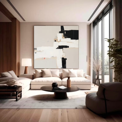 Modern Minimalist Abstract Oil Painting in Black and White for Contemporary Decor