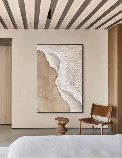 Contemporary Minimalist Beach Oil Painting with Ocean Waves and Soft Sand