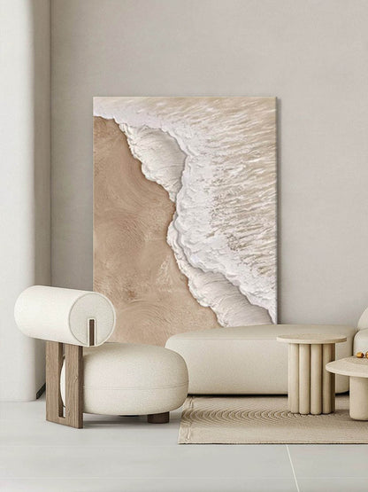 Contemporary Minimalist Beach Oil Painting with Ocean Waves and Soft Sand