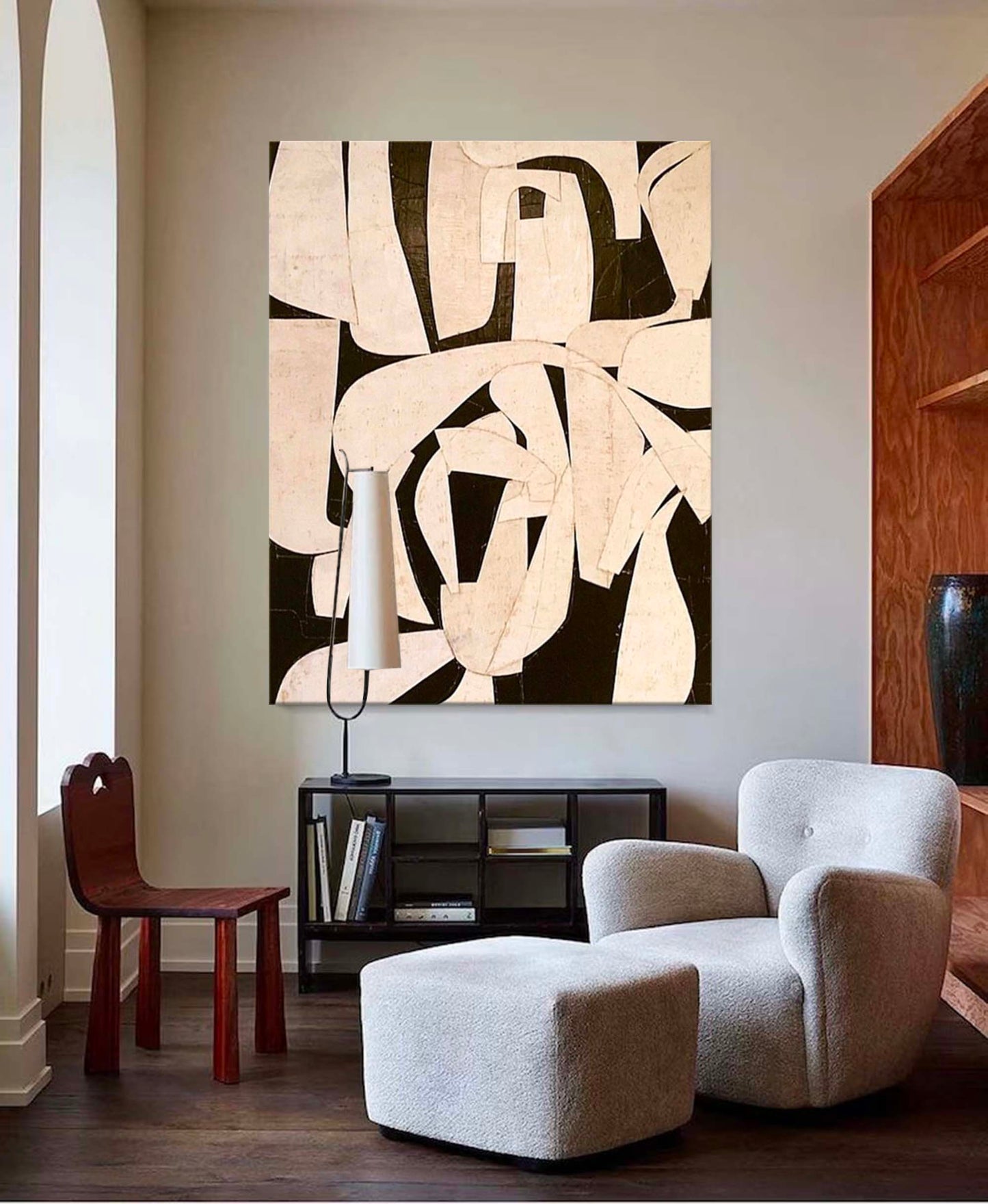 Contemporary Minimalist Black and White Abstract Oil Painting for Modern D√©cor