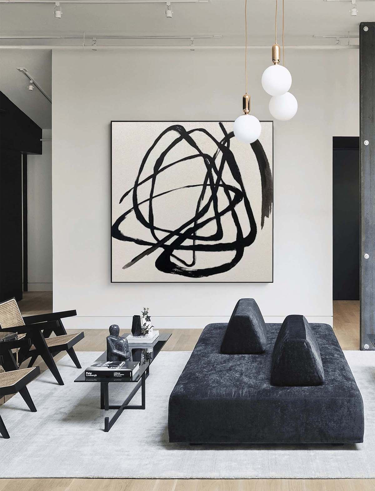 Abstract Minimalist Black Line Art Painting for Contemporary Home Decor