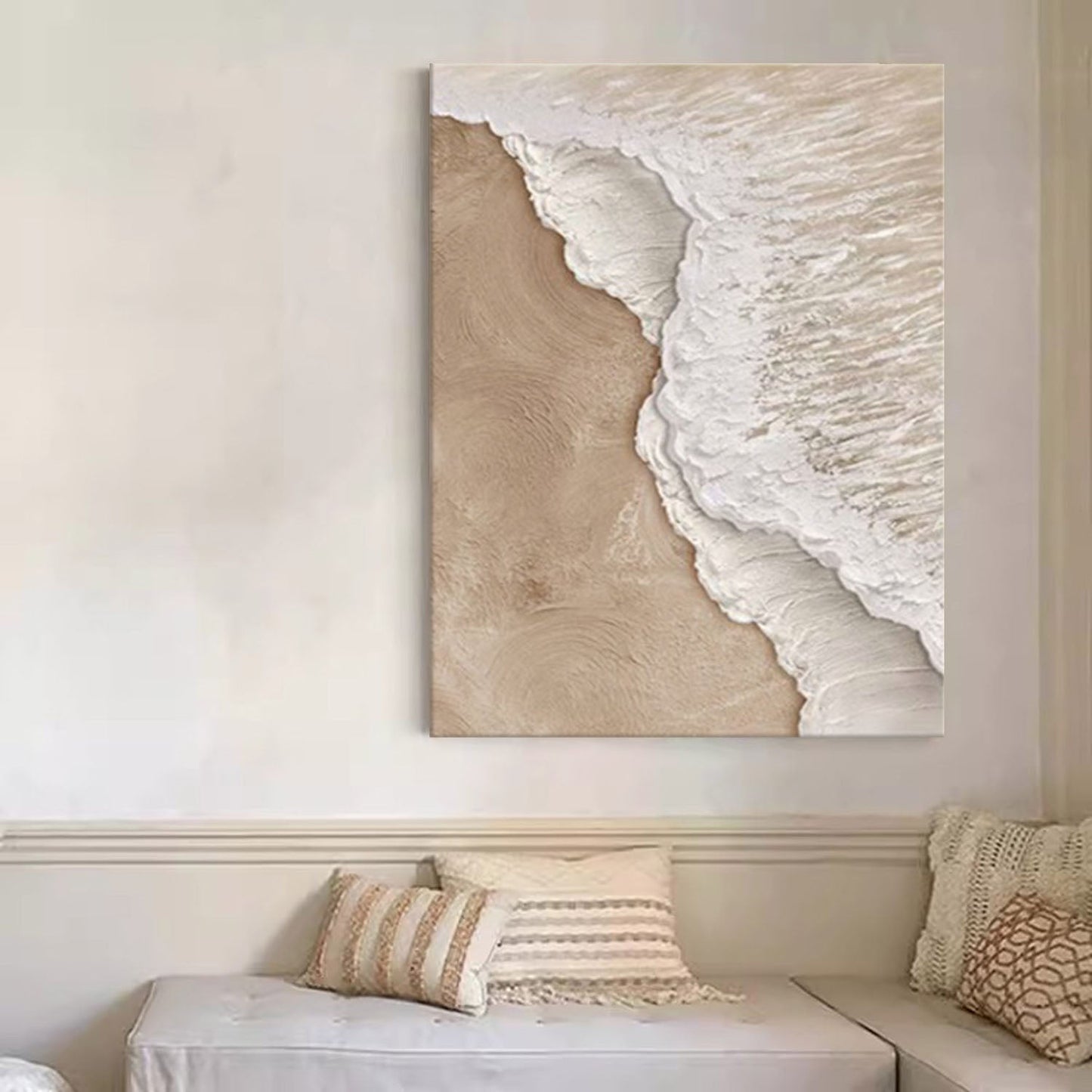 Contemporary Minimalist Beach Oil Painting with Ocean Waves and Soft Sand