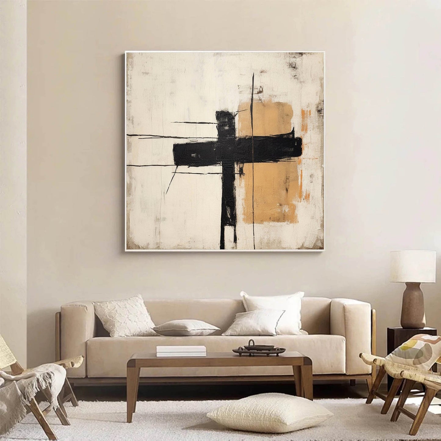 Contemporary Minimalist Black and Gold Abstract Oil Painting for Elegant Home Decor