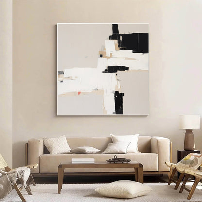 Modern Minimalist Abstract Oil Painting in Black and White for Contemporary Decor