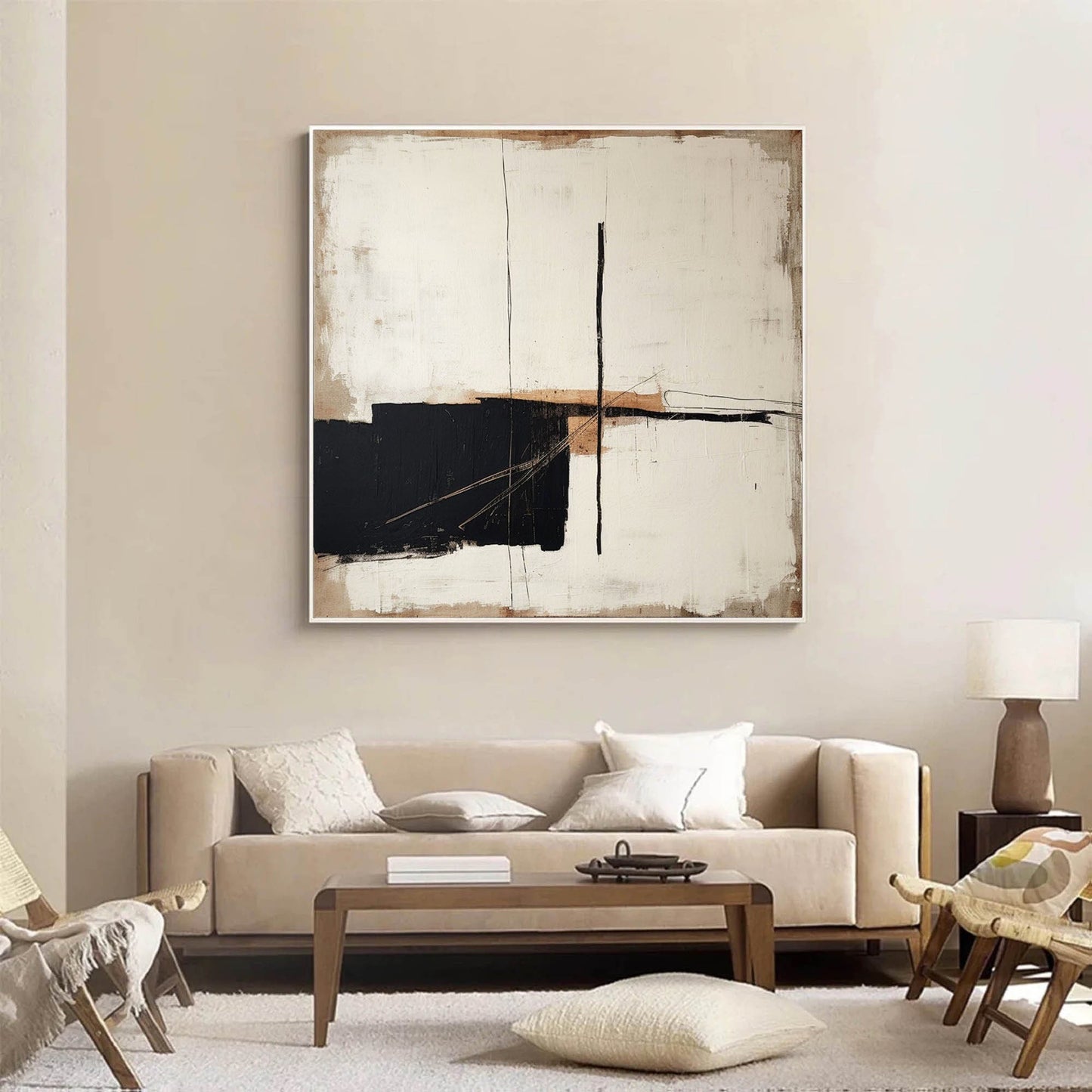 Contemporary Minimalist Black and White Abstract Oil Painting for Modern Decor