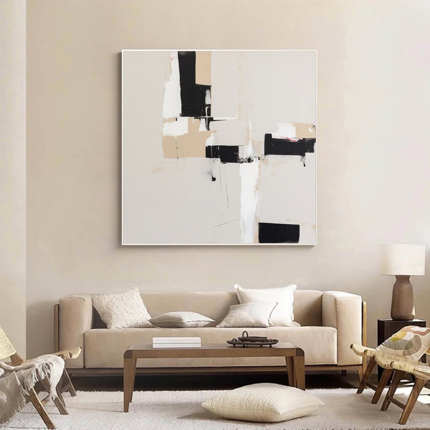 Contemporary Minimalist Black and White Abstract Oil Painting for Modern Decor