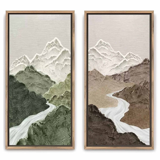 Serene Mountain River Oil Painting Diptych for Elegant Home Decor