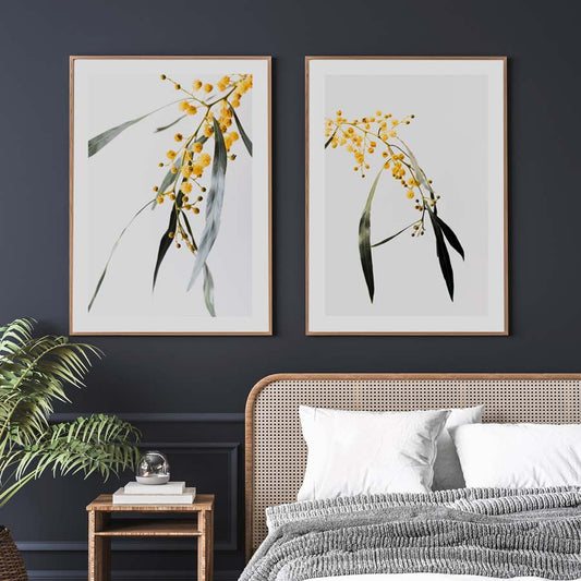 Elegant Wattle Floral Diptych - Vibrant Yellow Blooms Wall Art for Home Decor