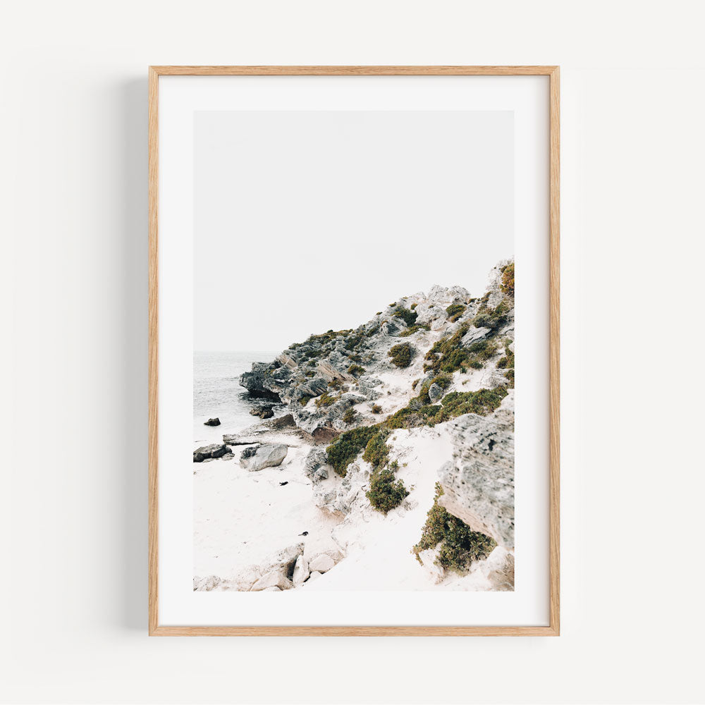 Serene Coastal Cliff with Parakeet Overlooking Tranquil Bay