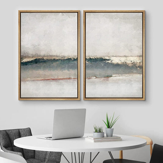 Contemporary Gray Teal Abstract Landscape Framed Canvas Art for Modern Decor