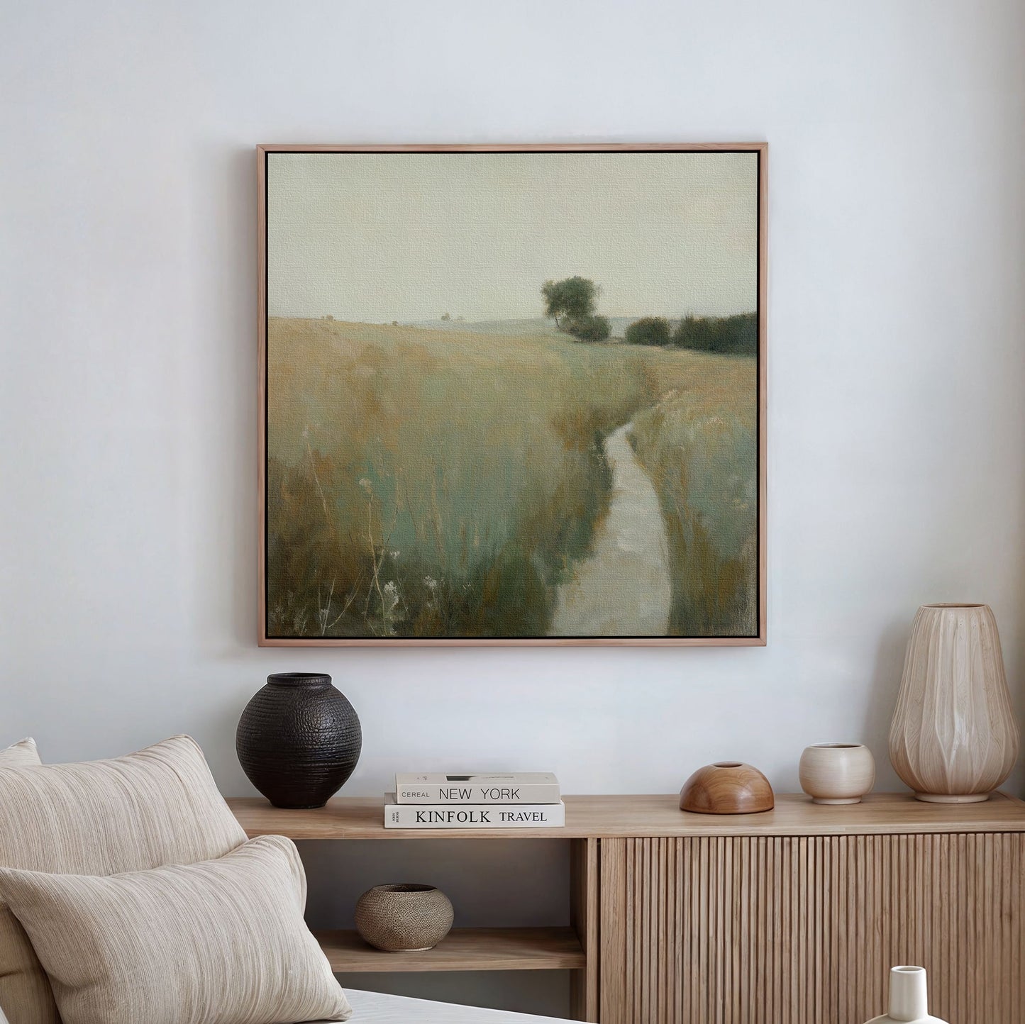 Serene Meadow Path Oil Painting | Tranquil Landscape Canvas Art for Home Decor