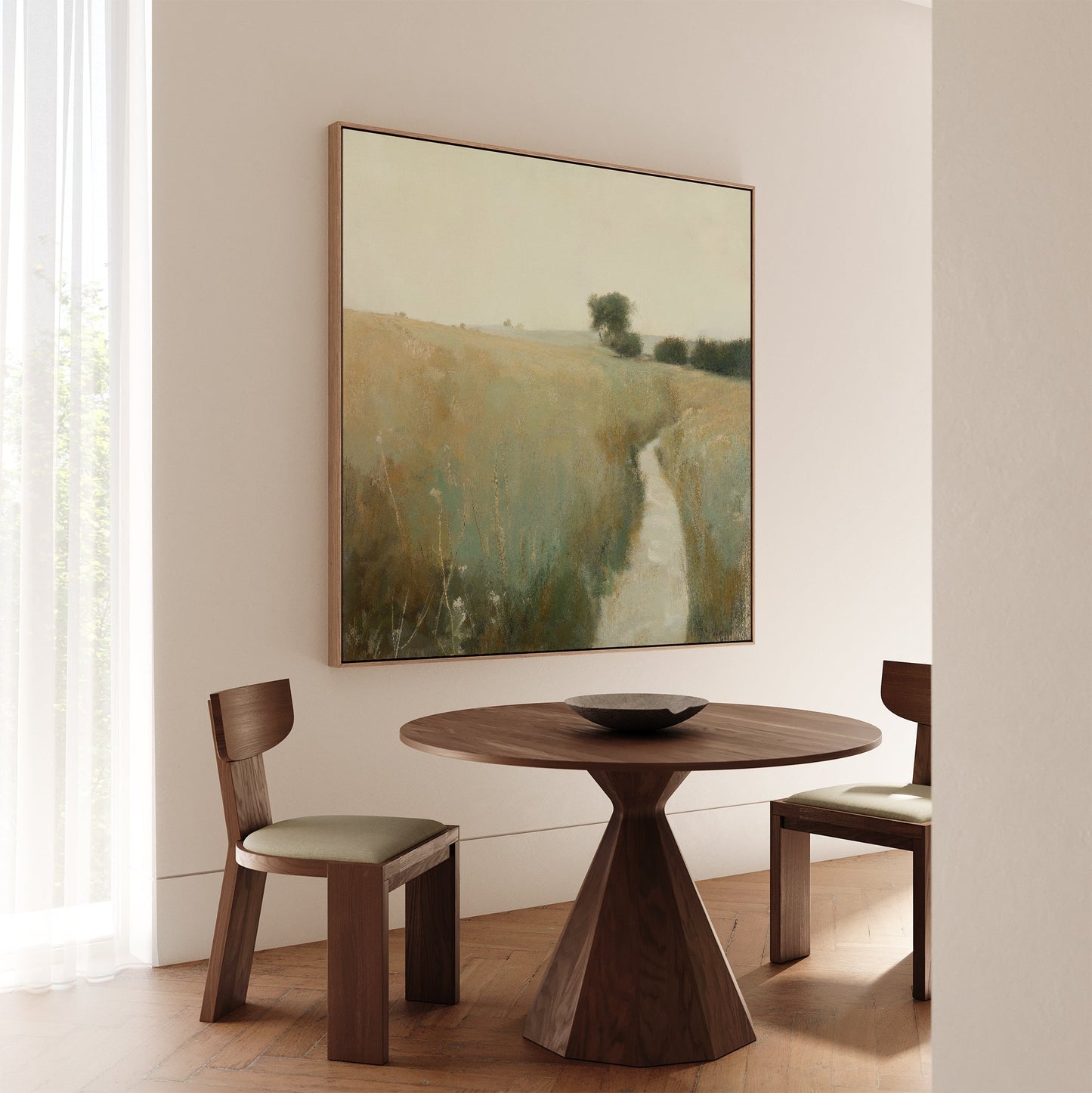 Serene Meadow Path Oil Painting | Tranquil Landscape Canvas Art for Home Decor