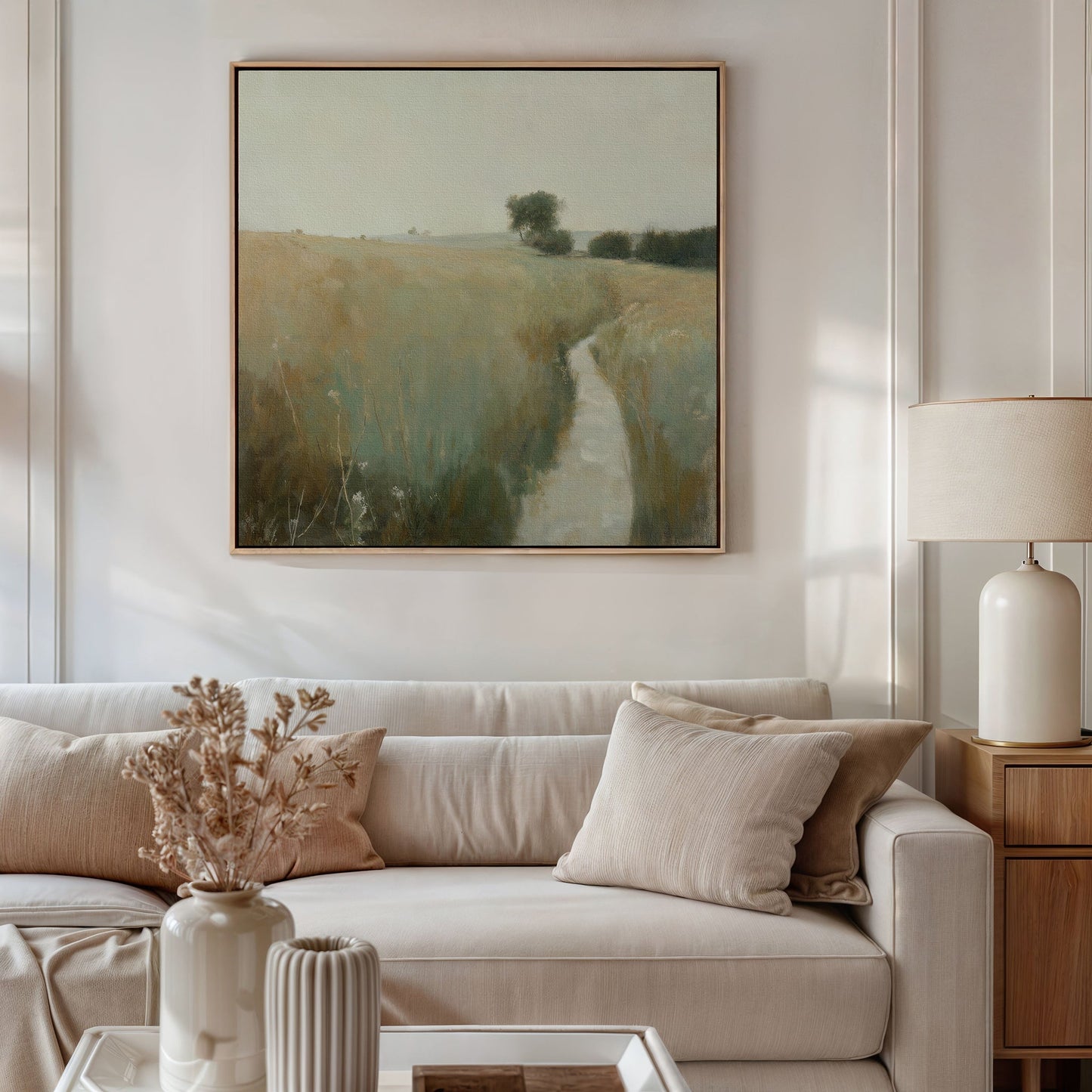 Serene Meadow Path Oil Painting | Tranquil Landscape Canvas Art for Home Decor