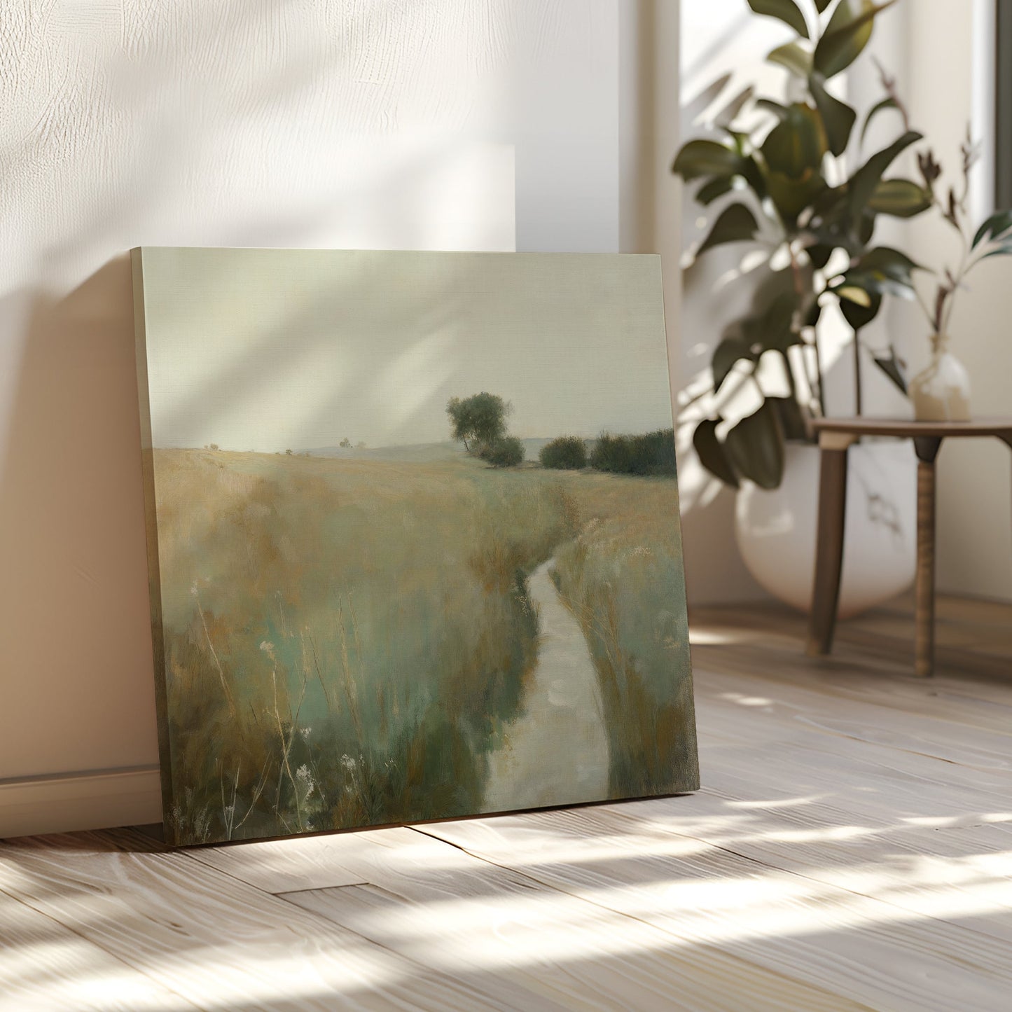 Serene Meadow Path Oil Painting | Tranquil Landscape Canvas Art for Home Decor