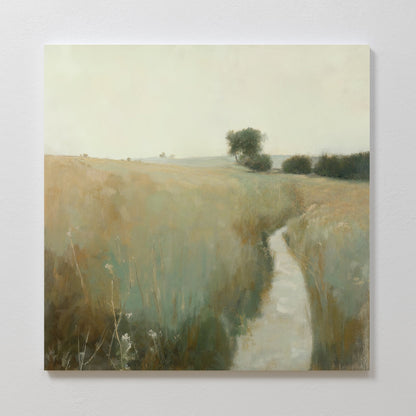 Serene Meadow Path Oil Painting | Tranquil Landscape Canvas Art for Home Decor