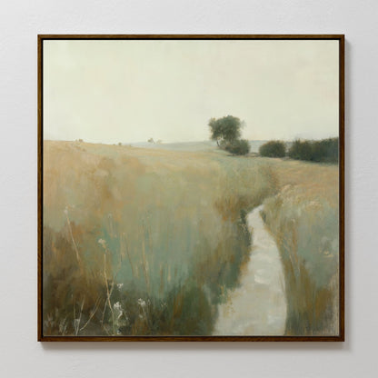 Serene Meadow Path Oil Painting | Tranquil Landscape Canvas Art for Home Decor