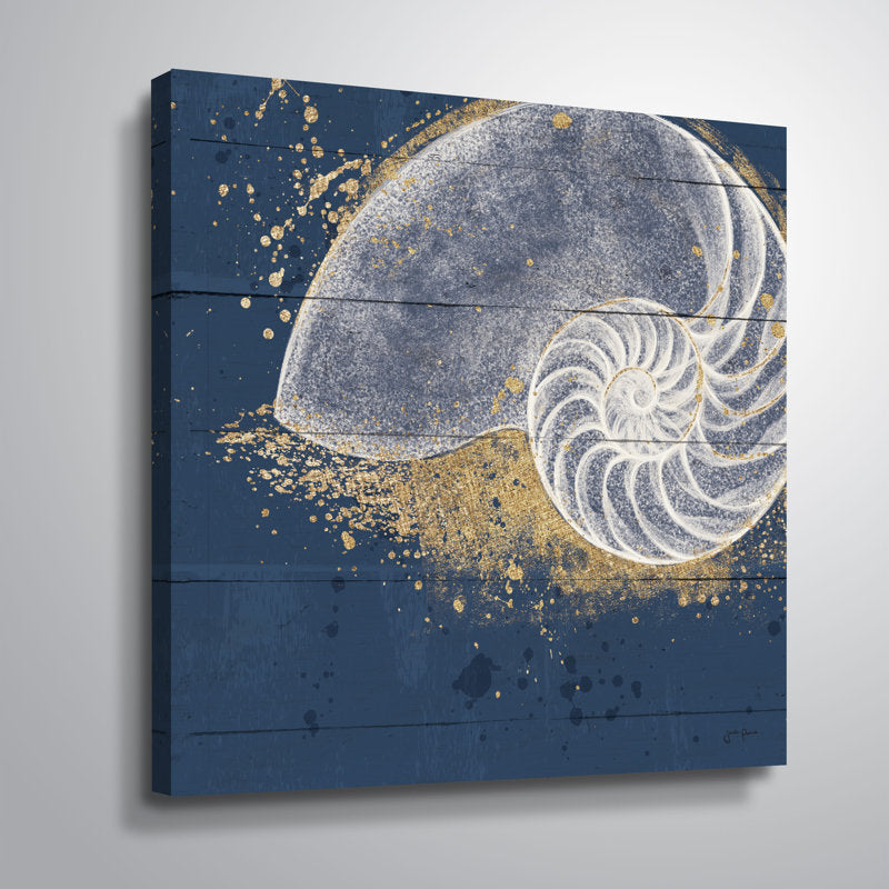 Navy Abstract Seashell Art with Gold Accent for Beach and Ocean Decor