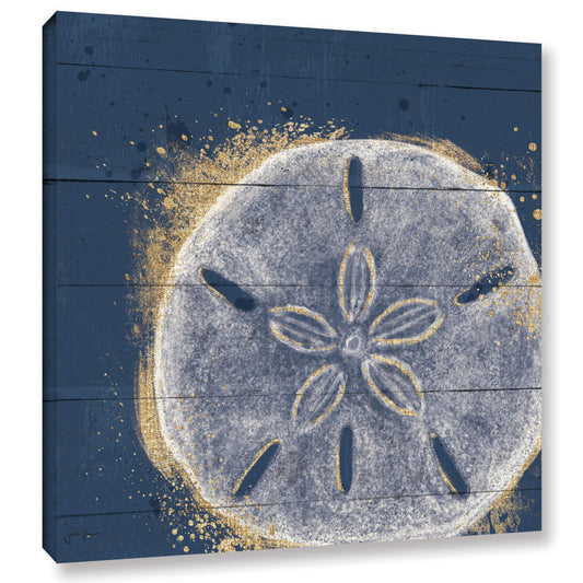 Gold and White Sand Dollar on Navy, Coastal Beach Abstract Wall Art