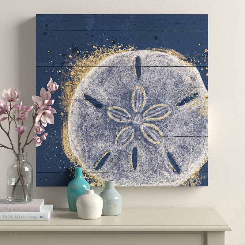 Gold and White Sand Dollar on Navy, Coastal Beach Abstract Wall Art