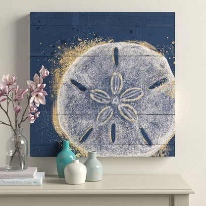 Gold and White Sand Dollar on Navy, Coastal Beach Abstract Wall Art