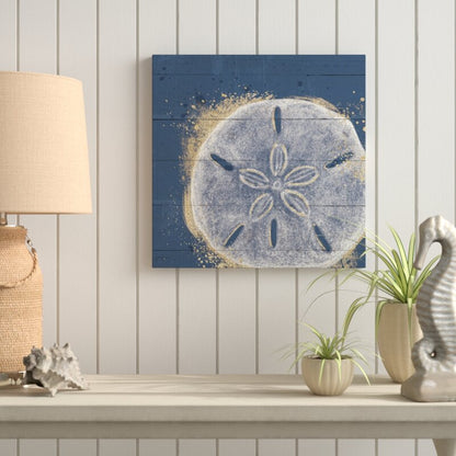 Gold and White Sand Dollar on Navy, Coastal Beach Abstract Wall Art