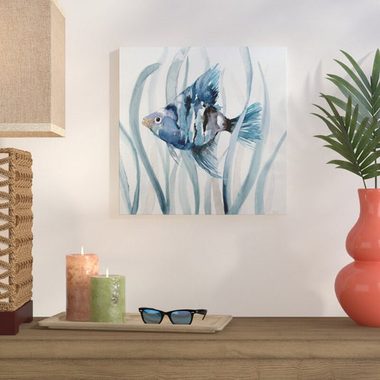 Vibrant Blue Fish Among Seagrass - Coastal Oil Painting for Serene Decor