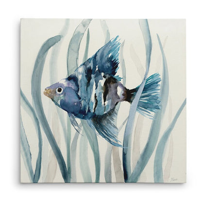 Vibrant Blue Fish Among Seagrass - Coastal Oil Painting for Serene Decor