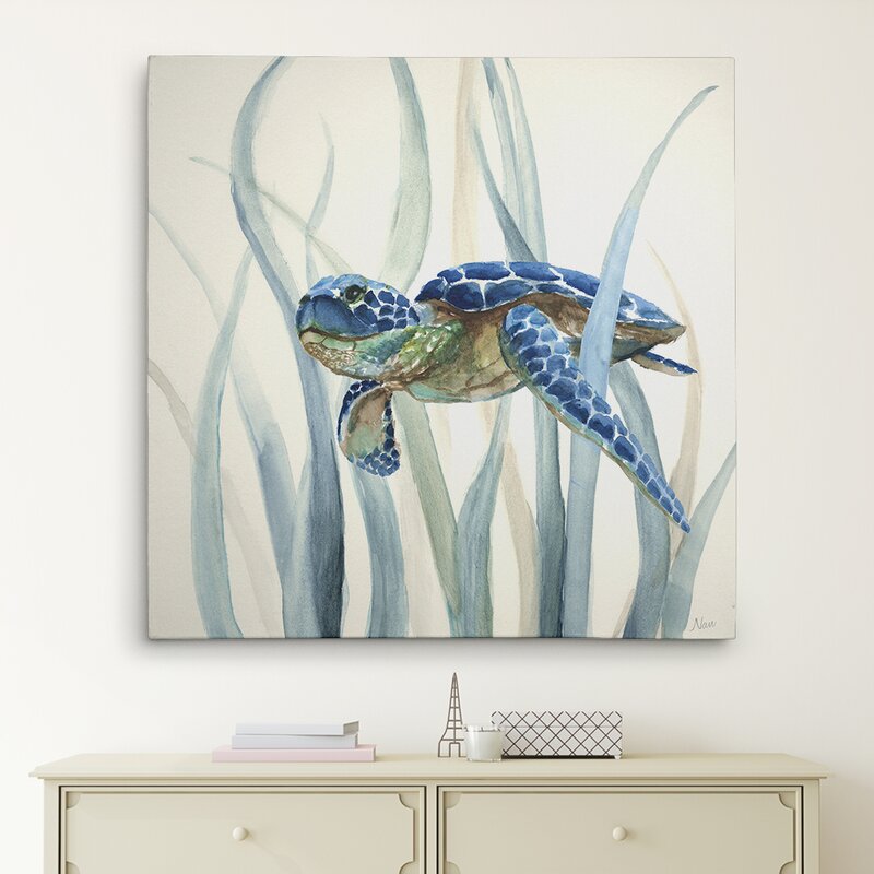 Serene Sea Turtle in Seagrass - Coastal Oil Painting Decor for Nautical Spaces