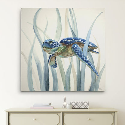 Serene Sea Turtle in Seagrass - Coastal Oil Painting Decor for Nautical Spaces