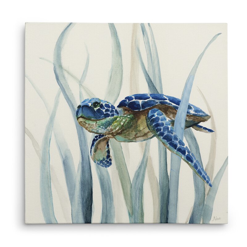 Serene Sea Turtle in Seagrass - Coastal Oil Painting Decor for Nautical Spaces