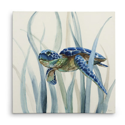 Serene Sea Turtle in Seagrass - Coastal Oil Painting Decor for Nautical Spaces