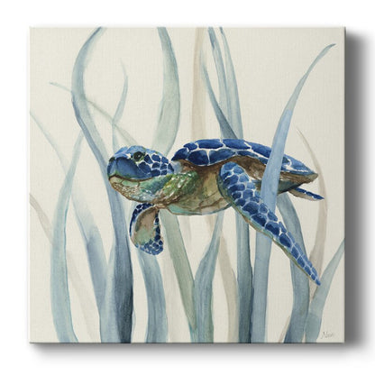 Serene Sea Turtle in Seagrass - Coastal Oil Painting Decor for Nautical Spaces