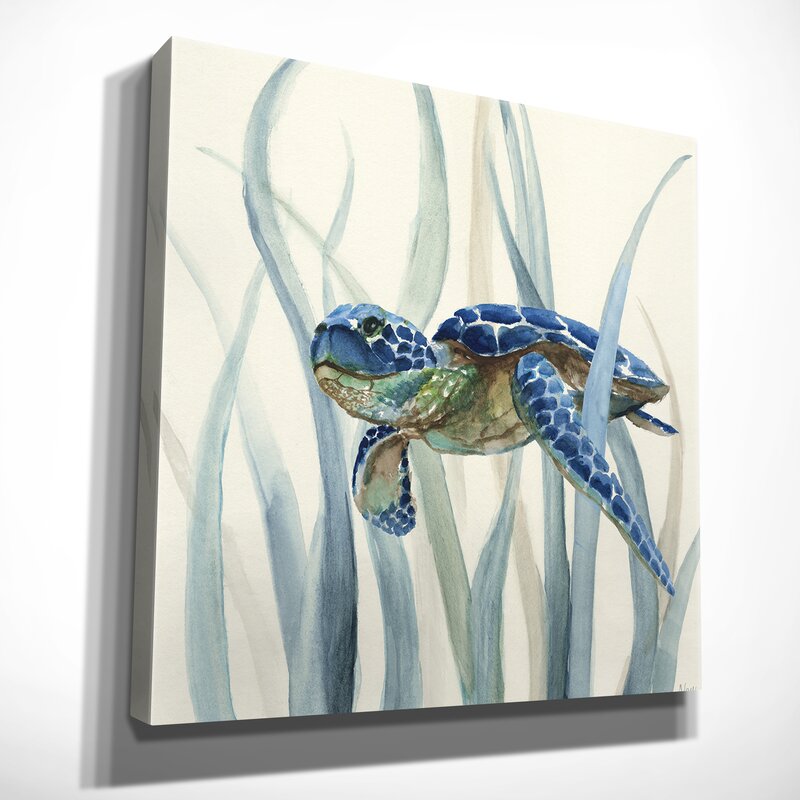 Serene Sea Turtle in Seagrass - Coastal Oil Painting Decor for Nautical Spaces