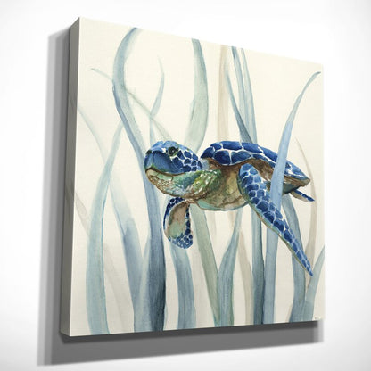 Serene Sea Turtle in Seagrass - Coastal Oil Painting Decor for Nautical Spaces